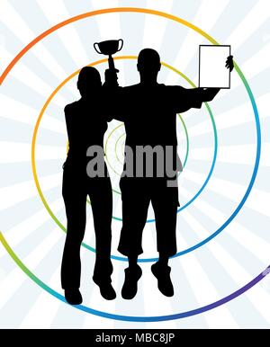 Deux jeunes lauréats holding up a gagner trophée et un certificat. Résumé Contexte en spirale. Illustration de Vecteur