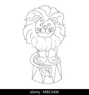 Funny lion assis dans une arène de cirque contours de caractère vectoriel style doodle Illustration de Vecteur