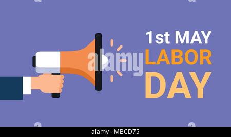L'affiche de la Fête du travail avec Hand Holding Megaphone 1er mai Carte de souhaits Design Illustration de Vecteur