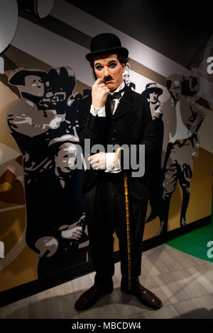 La figure de cire de Sir Charles Spencer Chaplin, acteur comique anglais au musée de cire Madame Tussauds à Amsterdam, Pays-Bas Banque D'Images