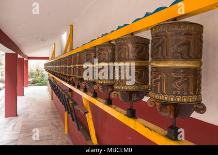 Cette rangée de moulins à prière simple à un monastère bouddhiste à Manali, Inde démontre la diminution de vue. Le châssis est peint en jaune vif Banque D'Images