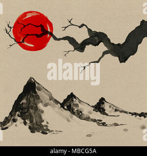 Montagnes dans le style japonais. Peinture à la main à l'Aquarelle illustration Banque D'Images