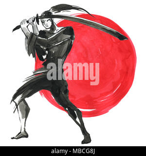 Silhouette samouraï. Style Chinois. Peinture à la main à l'Aquarelle illustration Banque D'Images