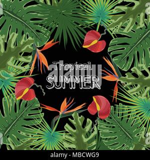 Motif tropical dessiné à la main avec des fleurs d'hibiscus et de feuilles de palmier exotique sur fond sombre 2018T1 Illustration de Vecteur