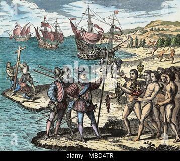 Histoire de l'AMERICA - Columbus, le 12 mai 1492, Christophe Colomb érige la croix, et investit l'île de Guanahani (Bahamas) avec le nom de Salvador. Basé sur l'copperprint Woodengraving par Théodore de Bry, grands voyages, 1590. Banque D'Images