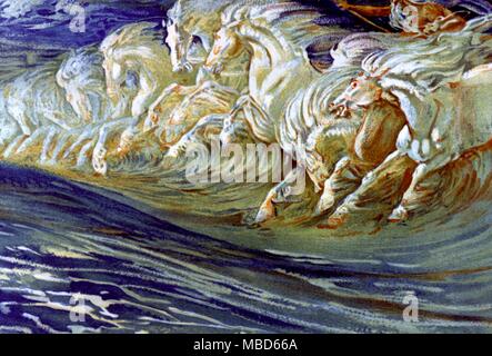 Neptune avec ses chevaux. Impression lithographique de l'esquisse par Walter Crane pour une plus grande peinture, 1893 - © /Charles Walker Banque D'Images