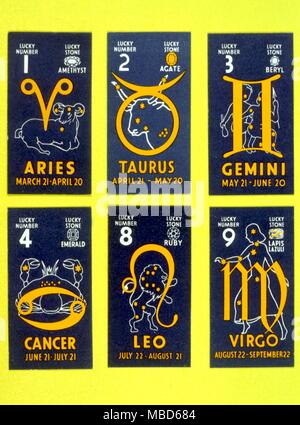 Signes du Zodiaque - six cachets et images du zodiaque, d'Airies de Virgo. Les cartes émises par des cigarettes Lewis Marine moyen couper les cigarettes, dans la série appelée horoscopes. Cachets pour les panneaux sur les images, avec de la chance des pierres et des chiffres. - © /Charles Walker Banque D'Images