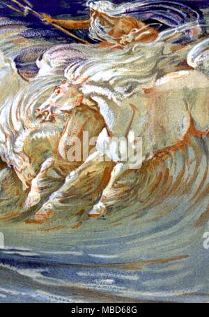 Neptune avec ses chevaux. Impression lithographique de l'esquisse par Walter Crane pour une plus grande peinture 1893 - © /Charles Walker Banque D'Images