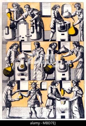 Alchemy - Mutus Liber - Planche 6 de 'Mutus Liber', le livre sans paroles, 1677 (La Rochelle). Probablement conçu par Jacob Saulat. Planche 6 - La fabrication de la fleur de fixité des éléments. Banque D'Images