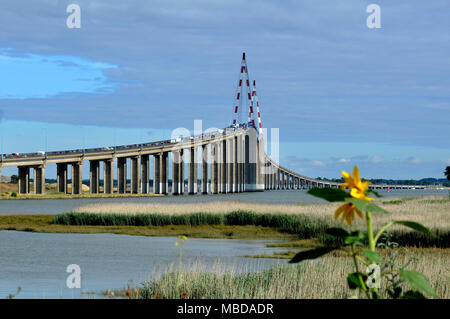 Saint-Nazaire (nord-ouest de la France) : pont à haubans de Saint-Nazaire, à travers l'estuaire de la Loire. Porte-conteneurs naviguant sous le br Banque D'Images