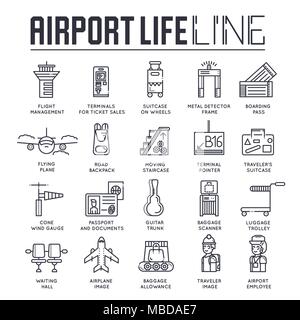 Fine ligne de travail du personnel et à l'enregistrement de personnes et bagages dans l'aéroport. Les grandes lignes d'inscription concept d'illustration vectorielle. Illustration de Vecteur