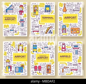 Fine ligne de travail du personnel et à l'enregistrement de personnes brochure cards set. Assurance dans le modèle de l'aéroport d'flyear, magazines, affiches, bannières, couverture de livre. Contours ligne d'enregistrement concept invitation Illustration de Vecteur