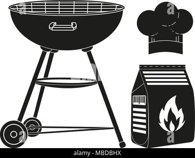 La cuisson à l'extérieur noir et blanc ensemble silhouette. Barbecue, charbon Sac, chef hat. Maison de vacances loisirs vector illustration pour badge autocollant bannière, signe, Illustration de Vecteur