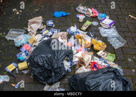 Sacs déchirés de déchets avec la litière éparpillés sur le chemin avant d'une maison à Londres Banque D'Images