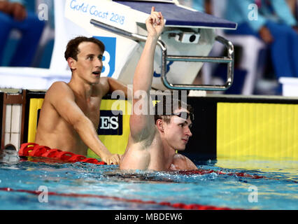 L'Angleterre Benjamin fier célèbre remportant la médaille d'or dans l'épreuve du 50 m nage libre au centre aquatique de Gold Coast lors de la sixième journée des Jeux du Commonwealth de 2018 dans la Gold Coast, en Australie. Banque D'Images