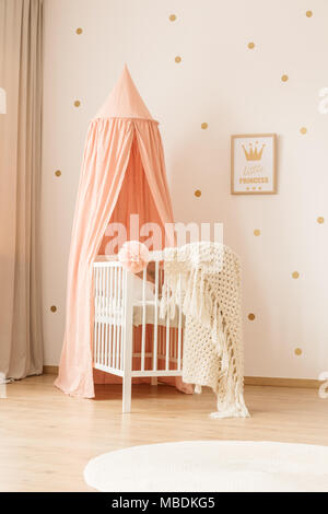 Blanc, Couverture tricot sur lit-bébé rose avec auvent dans Second chambre intérieur avec l'affiche de l'or Banque D'Images