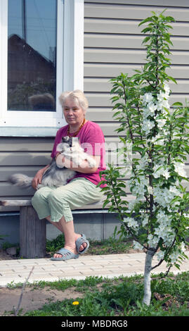 Femme assise sur la résidence d'été avec chat sur les mains de pur-sang Banque D'Images