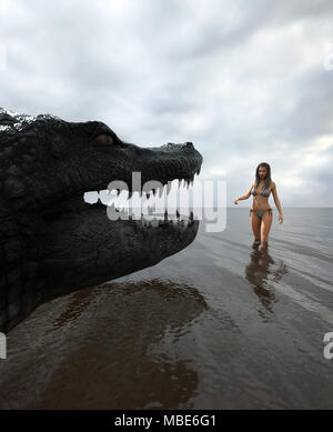 Ne pas nager seul,femme est face à face avec un alligator géant dans l'eau,3d rendering pour couverture de livre ou de l'illustration du livre Banque D'Images