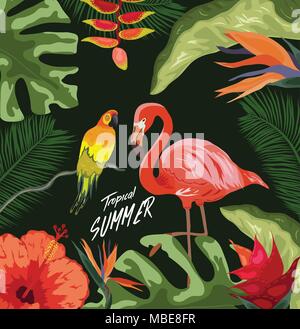 Jungle Tropical Rainforest plantes fleurs Oiseaux, flamingo , toucan border background Illustration de Vecteur