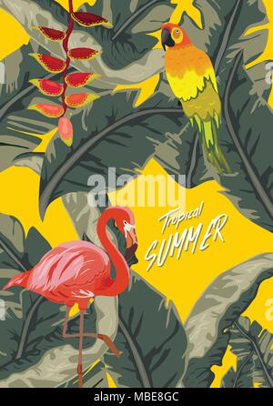 Jungle Tropical Rainforest plantes fleurs Oiseaux, flamingo , toucan border background Illustration de Vecteur