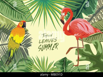 Jungle Tropical Rainforest plantes fleurs Oiseaux, flamingo , toucan border background Illustration de Vecteur