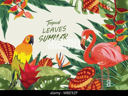 Jungle Tropical Rainforest plantes fleurs Oiseaux, flamingo , toucan border background Illustration de Vecteur