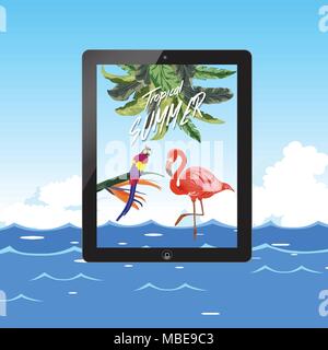 Hello Summer Beach Party. Île tropicale. Jungle Tropical Rainforest plantes fleurs Oiseaux, flamingo , toucan border background Illustration de Vecteur