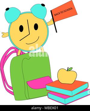 Retour à l'école. Réveil avec un drapeau. Sac à dos et une pile de livres avec une pomme sur le dessus. Illustration de Vecteur