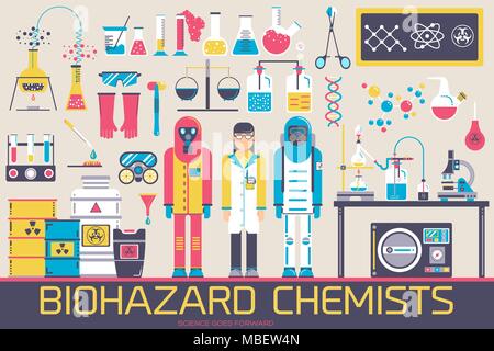 Laboratoire de chimie chimistes dans Biohazard illustration concept défini. Les gens de la science avec l'équipement de conception d'icônes. Les outils de travail pour la recherche scientifique Illustration de Vecteur