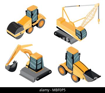 Ensemble de la machinerie de construction. Rouleau compresseur, pelle, grue. La couleur jaune par défaut des machines de travail. Vector illustration isolé sur blanc backgrou Illustration de Vecteur