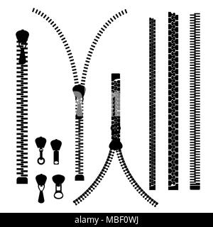 Silhouette noire. Icône vecteur fermé et à glissière, fermeture à glissière. Ensemble de fermeture éclair. Zip métal. Vector illustration isolé sur fond blanc. Site Web p Illustration de Vecteur