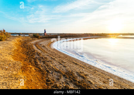 Vue sur l'étang d'évaporation de sel au Flamingo voir réserver à Olhao, parc naturel de Ria Formosa, Portugal Banque D'Images