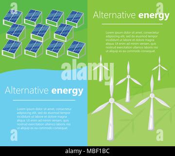 Le vent solaire et l'énergie de remplacement du générateur. Vecteur vert arrière-plan. Eco sources d'énergie. Télévision style design. Vector illustration avec place pour vous Illustration de Vecteur