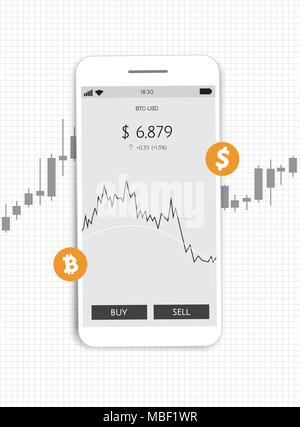 Concept de design moderne télévision technologie cryptocurrency, bitcoin change, services bancaires mobiles. Smartphone avec bitcoin et les dollars qui sortent. Illustration de Vecteur