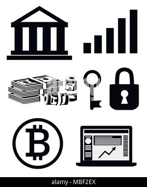 Silhouette noire. Finances icon set. Finances sécurité concept. Les billets verts et Bitcoin. Vector illustration isolé sur fond blanc. Site Web Illustration de Vecteur