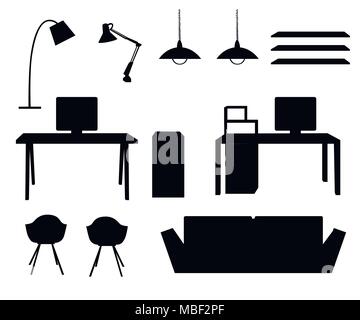 Silhouette noire. Ensemble de meubles à la maison. Lampes, bureau, chaises, canapé. Vector illustration isolé sur fond blanc. La page du site Web et des applications mobiles Illustration de Vecteur