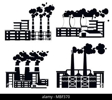 Silhouette noire. Ensemble d'usines avec les tuyaux de fumée. Problème de la pollution de l'environnement. Usine de la terre polluer avec gaz de carbone.Vector illustration plate. Illustration de Vecteur