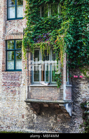 Une jolie fenêtre surplombant le canal de Bruges Steenhouwersdijk,(Brugge), Belgique Banque D'Images