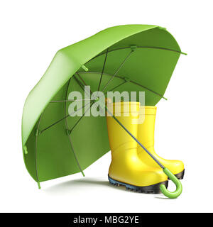 Paire de bottes de pluie jaune et un parapluie vert rendu 3D illustration isolé sur fond blanc Banque D'Images