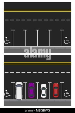 Deux images. Les voitures en stationnement de couleur, route, vue d'en haut. places libres, des lieux pour les personnes handicapées. illustration Illustration de Vecteur