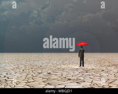 Surreal art numérique Homme avec parapluie rouge dans la terre sèche sous la tempête. Banque D'Images