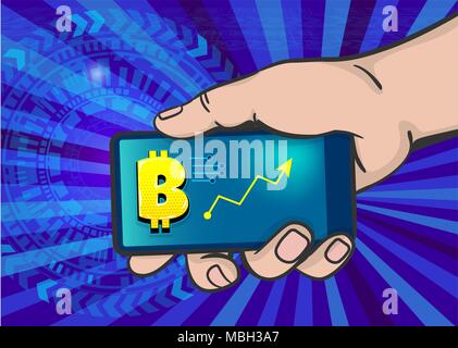 Man main tenir bitcoin téléphone pop art Illustration de Vecteur