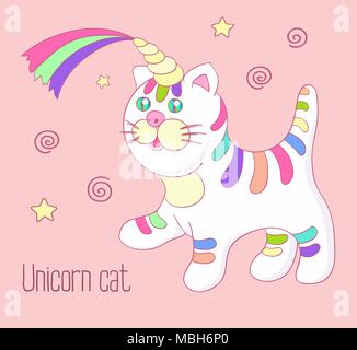 Mode Cute cat avec rainbow unicorn horn et rayures colorées pour anniversaire invitation ou des cartes de vœux Illustration de Vecteur