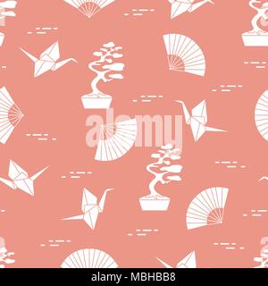 Modèle intégré de bonsaï, origami grues de papier, fans. Voyages et loisirs. Éléments de conception traditionnelle du Japon. Illustration de Vecteur