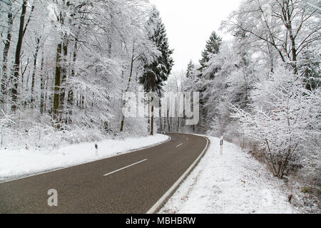 Scène de campagne d'hiver, la neige a couvert des arbres, route glacée, frosty landscape. Banque D'Images