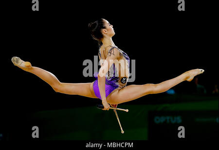 Pays de Galles' Laura Halford participe à la finale de l'équipe et des qualités sous la division 2 à l'Coomera Indoor Sports Center pendant sept jours du 2018 Jeux du Commonwealth à la Gold Coast, en Australie. Banque D'Images