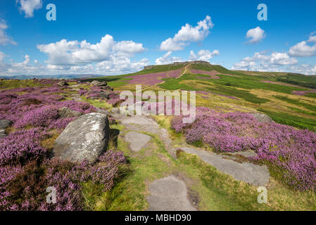 Higger Tor vue de Carl Wark près de Hathersage dans le parc national de Peak District, Derbyshire, Angleterre. Journée d'été avec Heather en pleine floraison. Banque D'Images