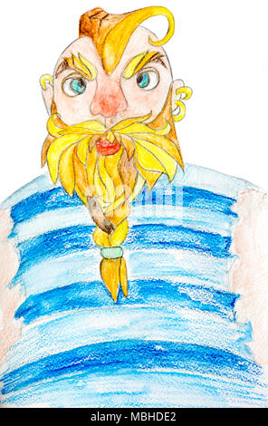 Aquarelle marin dans la blue Striped Vest. L'homme blond avec une barbe tressée et nez rouge. Dessiné à la main à l'Aquarelle illustration isolé sur fond blanc. Banque D'Images