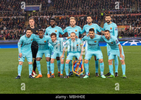 Marc-andré ter Stegen, Samuel Umtiti, Ivan Rakitic, Sergio Busquets Burgos, Gerard Piqué Bernabeu, Lionel Andrés Messi, Nelson Cabral Semedo, Sergi Roberto Carnicer, Andres Iniesta Lujan, Luis Alberto Suarez Diaz, Jordi Alba Ramos, de l'équipe de Barcelone au cours de la Ligue des Champions UEFA ' ' quart-de-finale, 2er leg, match entre les Roms 3-0 Barcelone au Stade olympique le 10 avril 2018 à Rome, Italie. Credit : Maurizio Borsari/AFLO/Alamy Live News Banque D'Images