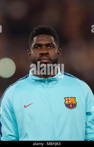 Samuel Umtiti de Barcelone au cours de la Ligue des Champions UEFA ' ' quart-de-finale, 2er leg, match entre les Roms 3-0 Barcelone au Stade olympique le 10 avril 2018 à Rome, Italie. Credit : Maurizio Borsari/AFLO/Alamy Live News Banque D'Images